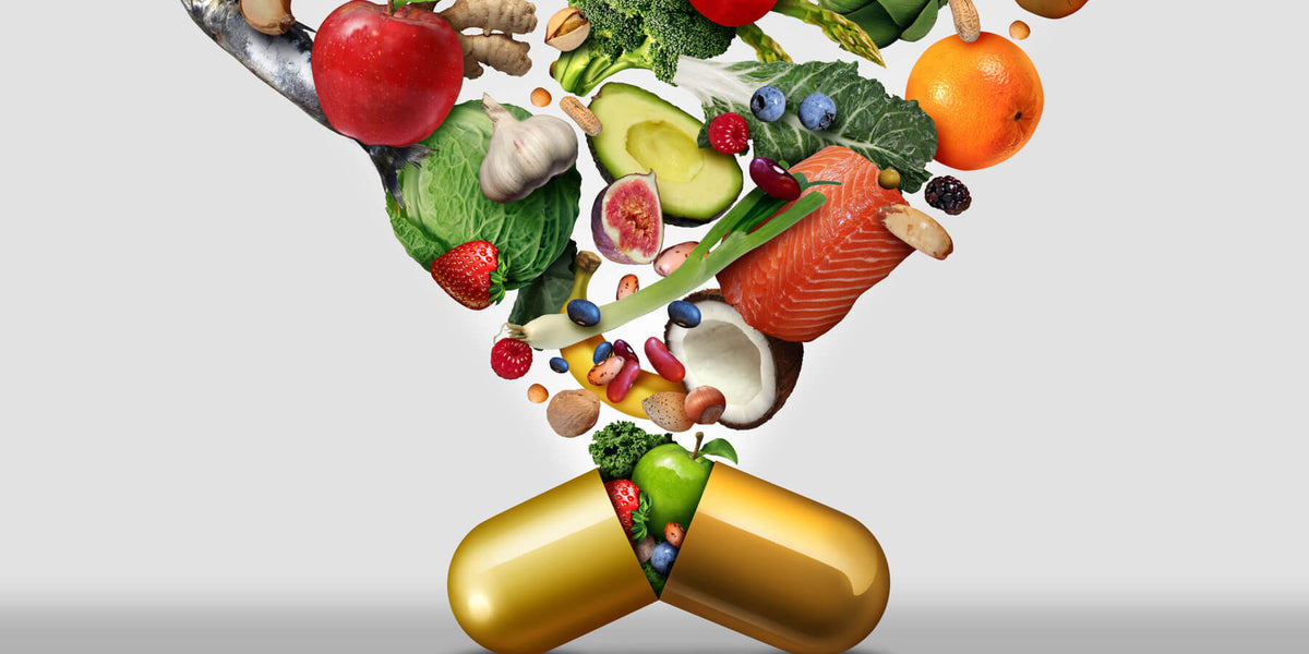 A golden pill capsule filled with healthy fruits, vegetables, and healthy proteins like fish demonstrating a way to improve human health