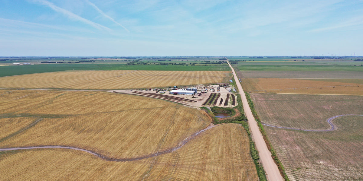 An areal photo of a farm
