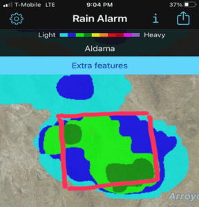 Rain radar image showing a storm cloud built up over the Las Damas ranch while the rest of the area is receiving no rain