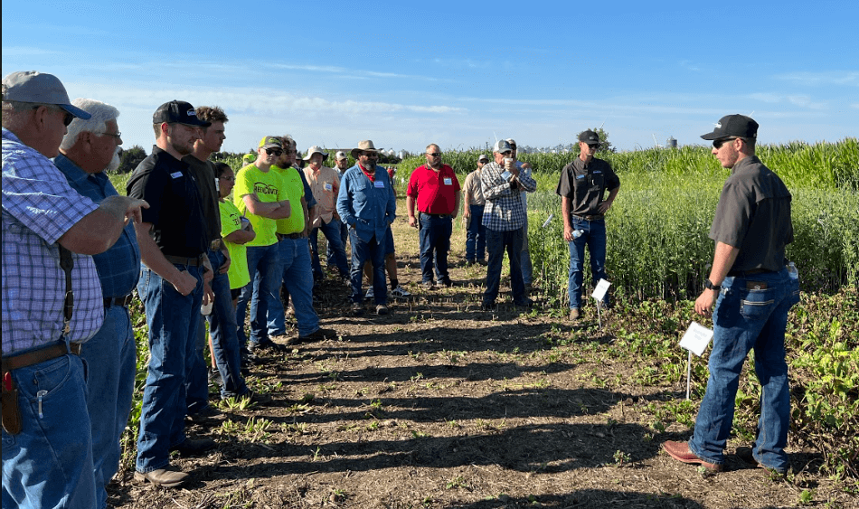 A group of people analyzing cover crops at a Green Cover field day.